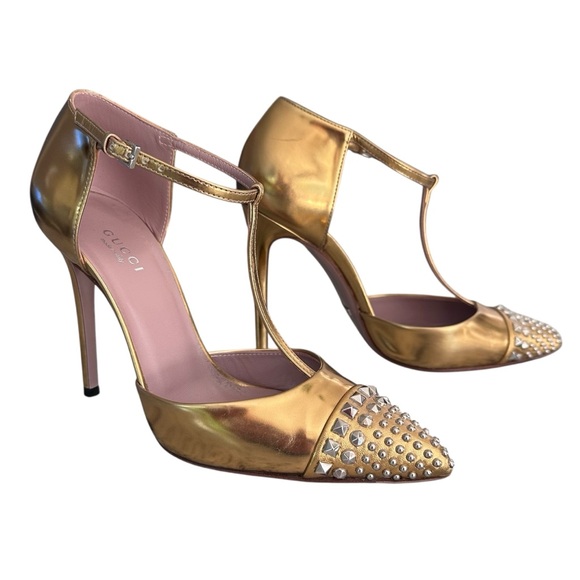Gucci Gold Metallic Leather Coline T-Strap Studded Toes Pump Heels Size 6.5 36.5 - Picture 1 of 11